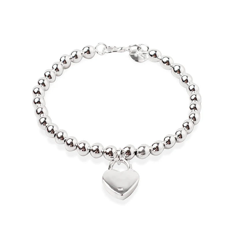 DOTEFFIL 925 Sterling Silver Heart Lock 6mm Beads Chain Bracelet - Fashion Jewellery for Women's Wedding and Engagement