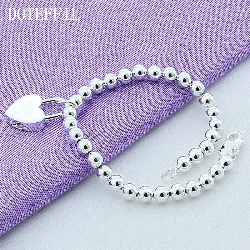 DOTEFFIL 925 Sterling Silver Heart Lock 6mm Beads Chain Bracelet - Fashion Jewellery for Women's Wedding and Engagement