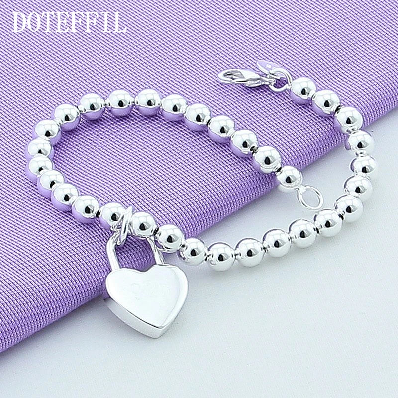 DOTEFFIL 925 Sterling Silver Heart Lock 6mm Beads Chain Bracelet - Fashion Jewellery for Women's Wedding and Engagement