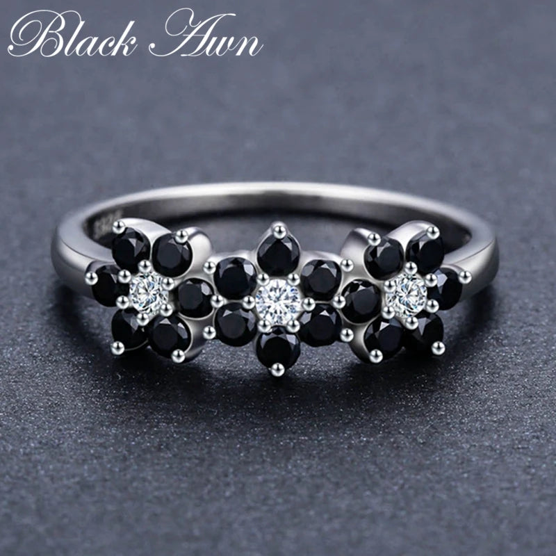 Fashionable Silver Flower Black Spinel Ring - 925 Sterling Silver - Buy Now!