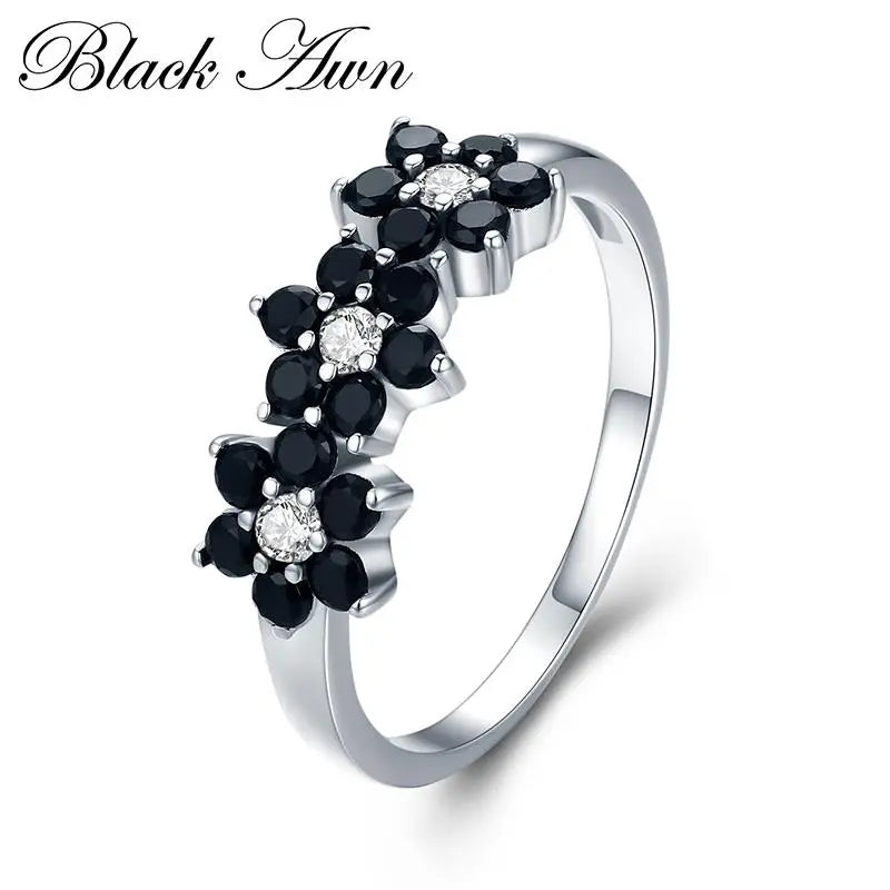 Fashionable Silver Flower Black Spinel Ring - 925 Sterling Silver - Buy Now!