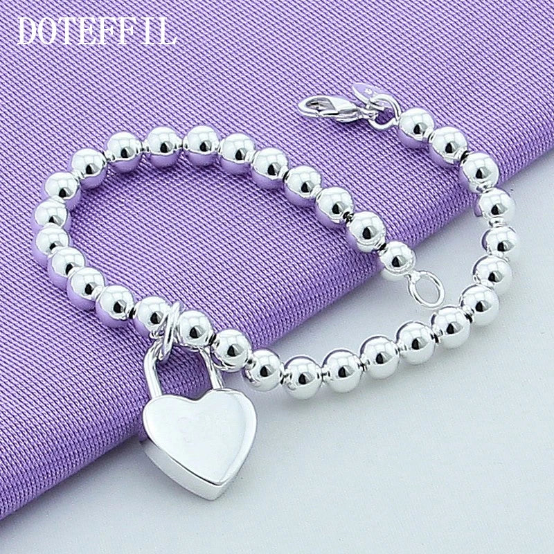 DOTEFFIL 925 Sterling Silver Heart Lock 6mm Beads Chain Bracelet - Fashion Jewellery for Women's Wedding and Engagement