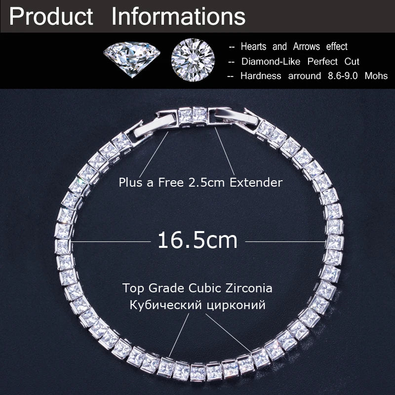 3mm Princess Cut CZ Tennis Bracelet - Women's White Gold Color | Shop Elegant Jewelry Online