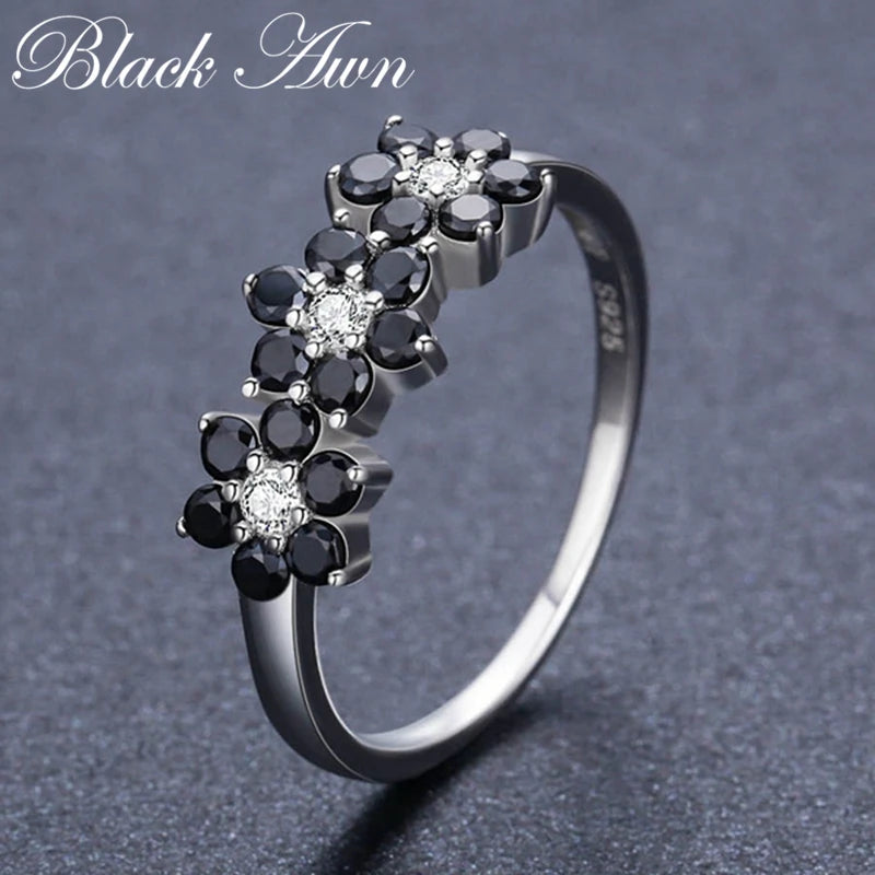 Fashionable Silver Flower Black Spinel Ring - 925 Sterling Silver - Buy Now!