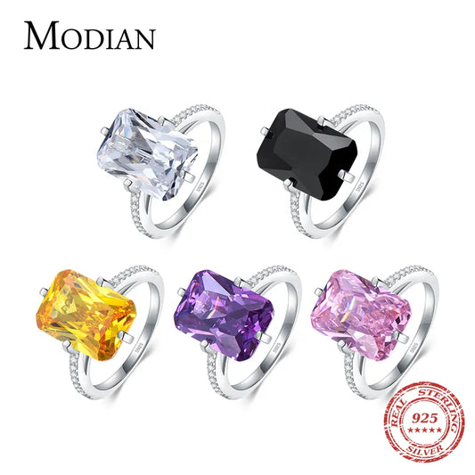 Modian 925 Sterling Silver Rectangle Ring with 5A Clear Zircon - Luxury Elegant Jewelry